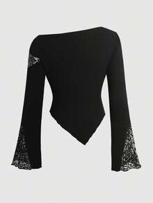 SHEIN Tween Girl Tween Girls Solid Color Lace Patchwork Flared Sleeve Asymmetric T-Shirt - Black - View 6