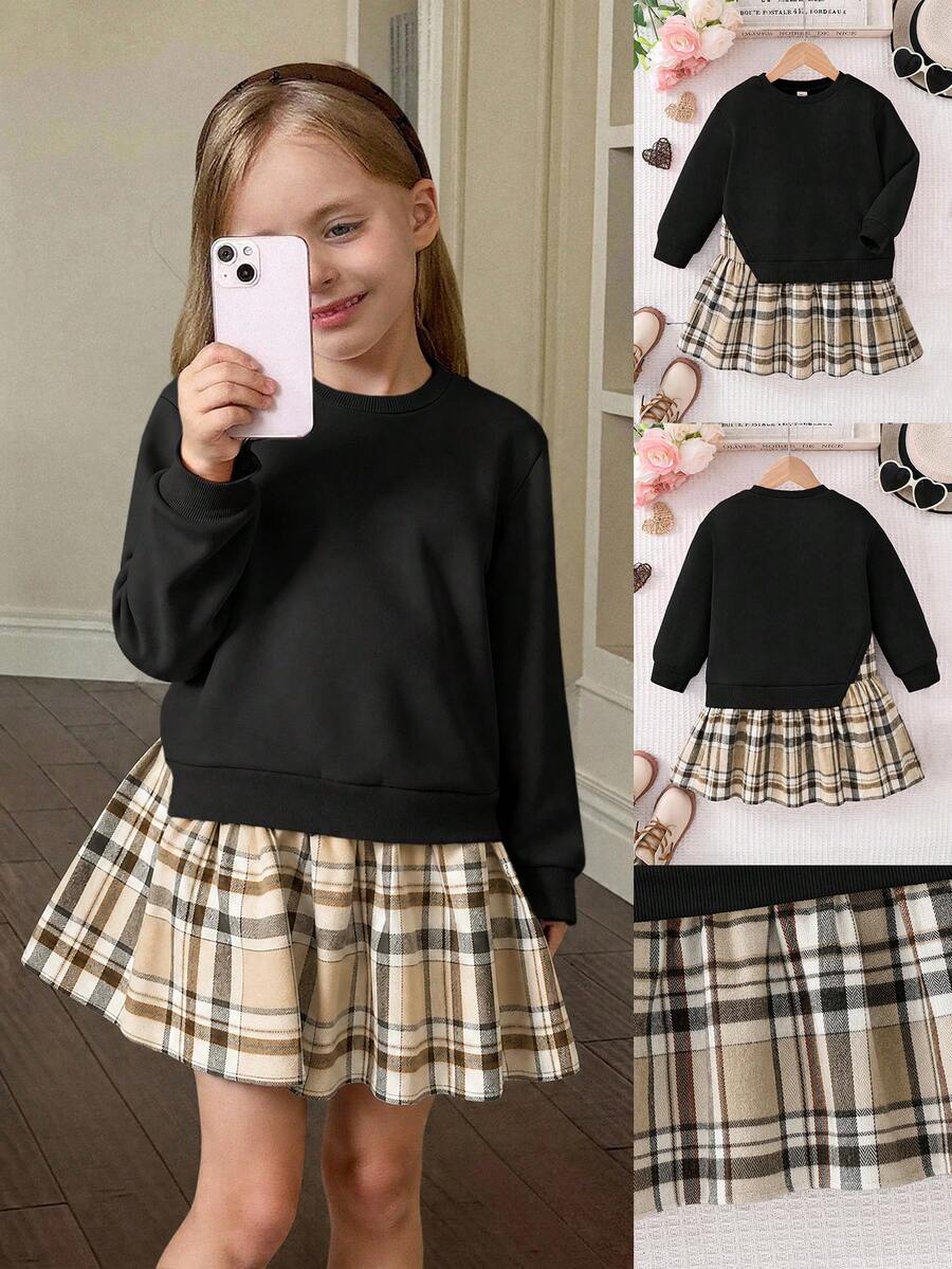 SHEIN 女童格紋拼接二合一洋裝 開學季校園風 黑色 秋季 - 黑色 - 查看 1