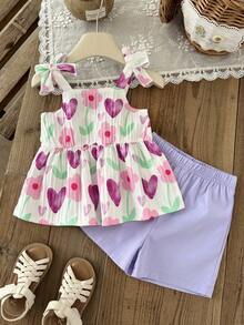 SHEIN Vintaside Kids 2件組女嬰心形圖案花卉印花背心上衣配蝴蝶結與短褲套裝，甜美可愛 - 紫色 - 查看 6