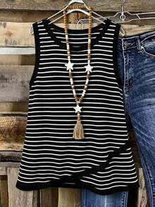 SHEIN Plus Size Women's Simple Casual Versatile Striped Round Neck Tank Top - Black and White - View 5