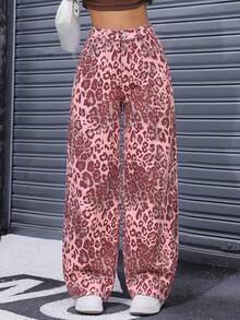 SHEIN ICON 豹纹直筒牛仔裤 - 粉色 - 查看 1