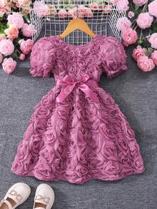 Glamorique Kids 女童纯色泡泡袖3D花朵装饰优雅连衣裙（配腰带），夏季 - 紫色 - 查看 4