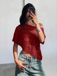Aloruh 女款素色不對稱肩短袖短版上衣 - 酒紅色 - 查看 4