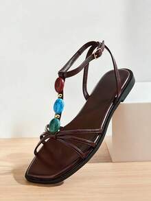 SHUZIA Damen Quadratische Zehenkappe Knöchelriemen Achat Perlen Feine PU Schokolade Flache Sandalen - Stylisch, Chic & Urlaubsbereit - Schokoladenbraun - Übersicht 3