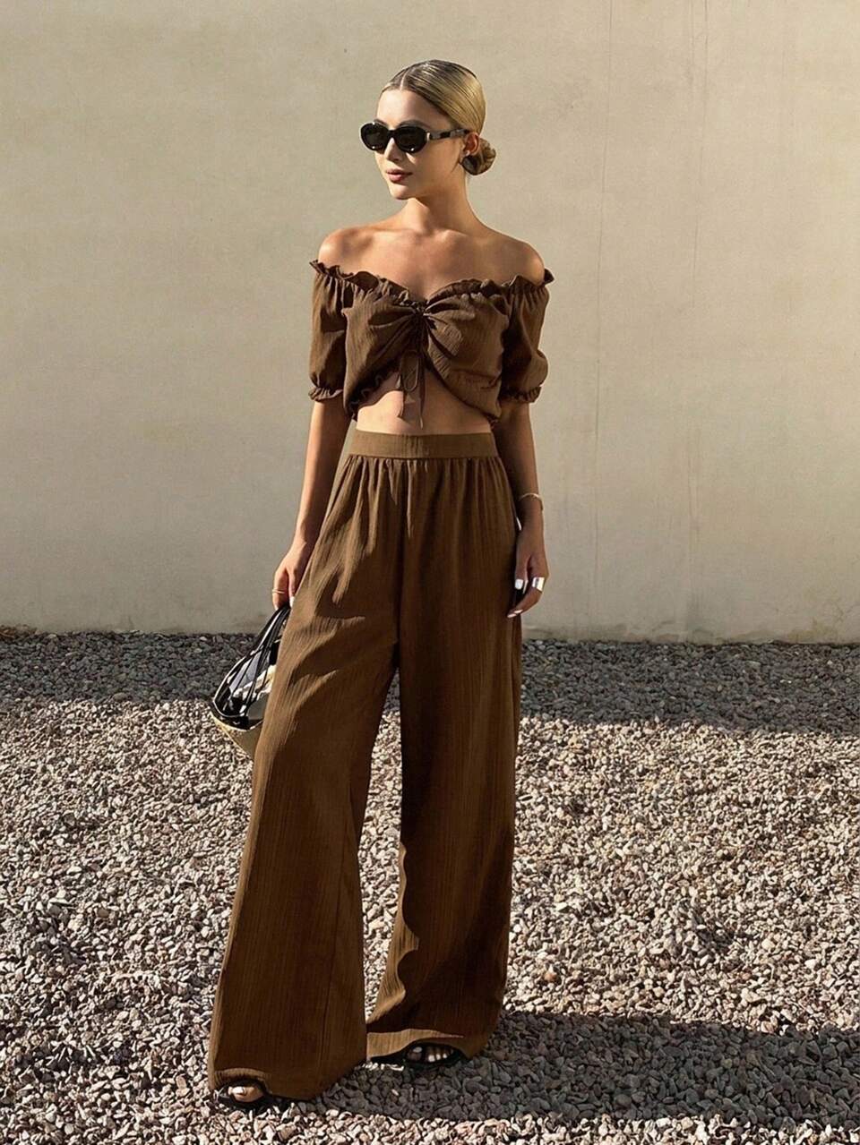 Women's Solid Color Off-Shoulder Ruched Top And Long Pants Casual Daily 2-Piece Set Vacation Summer