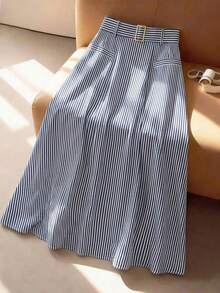 GlowEve CURVE Women's Fashion Elegant A-Line Striped Skirt With Elastic Waistband, Invisible Zipper And Metal Button, Suitable For Daily, Commuting And Business Wear - Blue - View 8