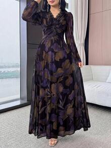 Modelyn 女款花卉印花對比蕾絲長袖優雅洋裝 - 彩色 - 查看 4