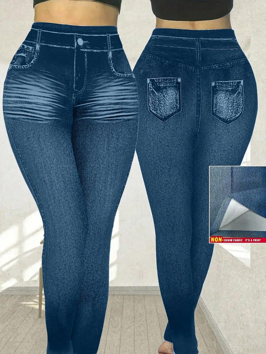 SHEIN LUNE Celana Panjang Wanita Ukuran Besar Modis Seksi dengan Motif Denim Efek Skinny - MultiWarna - View 1