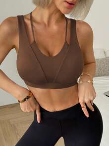 SHEIN Dewbera 女款素色露背日常健身運動內衣 - 咖啡棕 - 查看 6