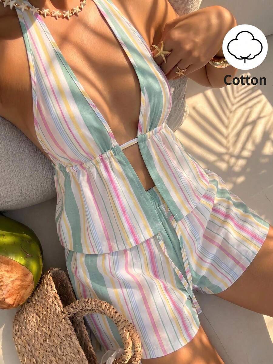 Sunnyshic 女款2件組度假夏季彩色條紋純棉深V掛脖綁帶露背背心與短褲 波希米亞海灘鄉村風 性感可愛優雅休閒百搭 - 彩色 - 查看 1