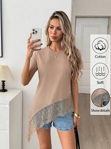 Easowa Spring/Summer Cotton Khaki Round Neck Short Sleeve Lace Patchwork Asymmetrical Hem Women's T-Shirt Brunch Casual - Khaki - View 3