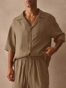 Musero Sold As One Cropped Boxy Short Sleeve Button Up And Shorts Set Spring Summer Essentials - Beige - View 2