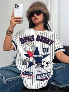 LOONEY TUNES X SHEIN 大尺碼卡通字母印花時尚休閒T恤 - 白色 - 查看 5