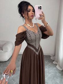 Elenzga Elegant Romantic Exquisite Women's Spaghetti Strap Sexy Off-Shoulder Retro Print A-Line Vacation Dress - Multicolor - View 8