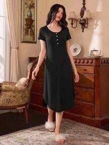 Côtesoire Summer Lazy Casual Minimalist Sexy Ribbed Short Sleeve Nightgown - Black - View 6