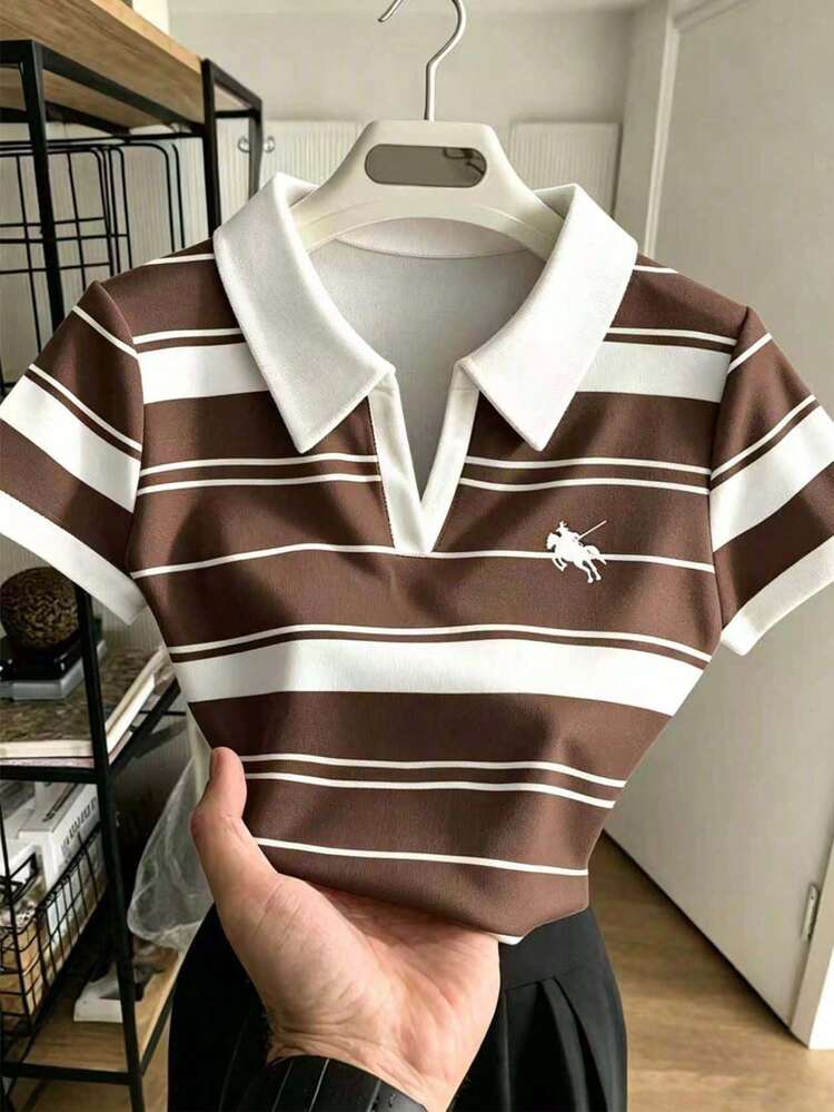 Rovax American Equestrian Small Logo Striped Print T-Shirt, Women's Cropped Waist-Defining Contrast Collar Polo Shirt - Multicolor - View 5