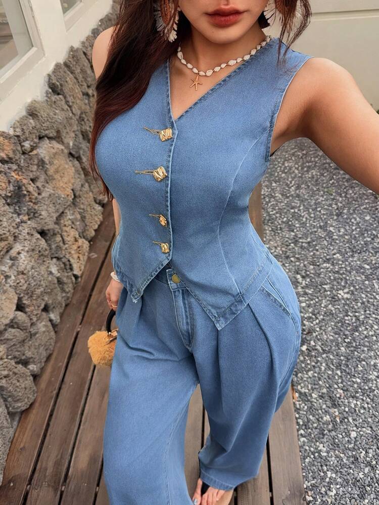 Women's Casual Sleeveless Tank Top And Straight Leg Jeans Set, Spring And Summer