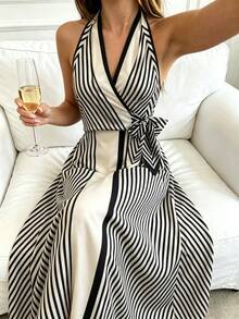 SHEIN Franclia Black & White Striped Halter Dress, Elegant Vacation Style Slimming A-Line Dress, Suitable For Commuting, Dating - Black - View 7