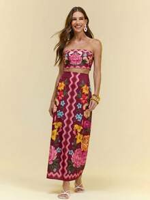 CAJUNI Mary Print Midi Top And Skirt Set - Burgundy - View 8
