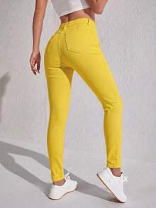 SHEIN SXY 女款高腰口袋修身休閒百搭牛仔長褲 - 黃色 - 查看 2