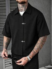 SLATEMANN Men's Airplane Buckle Placket Short Sleeve Casual Commuter Shirt - Black - View 3