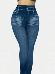SHEIN LUNE Celana Panjang Wanita Ukuran Besar Modis Seksi dengan Motif Denim Efek Skinny - MultiWarna - View 3