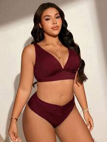 Swim Lushoire Summer Beach Minimalist Textured Fabric Solid Color Plus Size Swimsuit Set - Burgundy - View 3