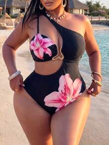 SHEIN Swim 2026新款大尺碼女款黑色百合印花深V連身泳衣，海灘度假夏季假期穿搭，派對穿著，優雅熱帶性感風 - 彩色 - 查看 1