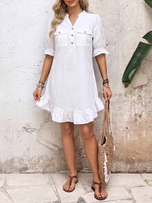 Breezaya Women's Button-Front V-Neck Utility Pocket Casual Denim Dress - White - View 5