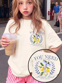 青少年女孩休閒卡通印花短袖寬鬆落肩T恤，適合夏季 - 彩色 - 查看 5