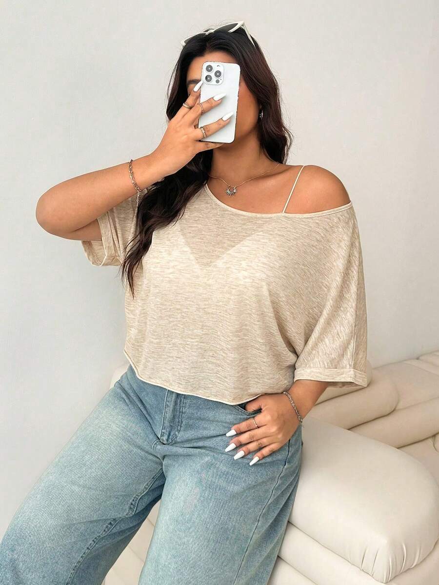 SHEIN EZwear 大尺碼女款素色露肩休閒百搭日常出遊T恤 - 杏色 - 查看 1