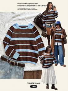 Comfortcana Suéter de punto de talla grande con bloques de color, rayas retro y hombro asimétrico para otoño/invierno - Multicolor - Ver 6