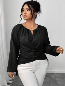 Elenzga Plus Size Solid Color Crossover Wrap Shirt, Suitable For Commuting - Black - View 7