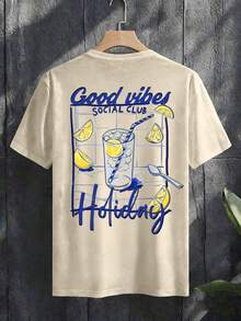 Manfinity Chillmode 「Good Vibes」休閒度假風男士短袖T恤！清新檸檬印花 + 隨性標語，藍色 & 杏色清新配色 + 療癒印花，度假濾鏡街頭風 - 彩色 - 查看 2