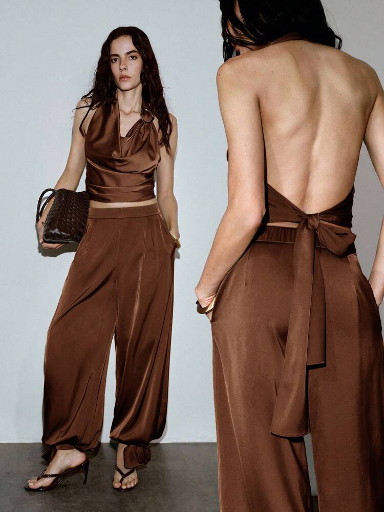 MOTF PREMIUM URBAN RUCHED DRAPED NECK BACKLESS CROPPED HALTER TOP FOR SPRING AND SUMMER - Coffee Brown - View 7