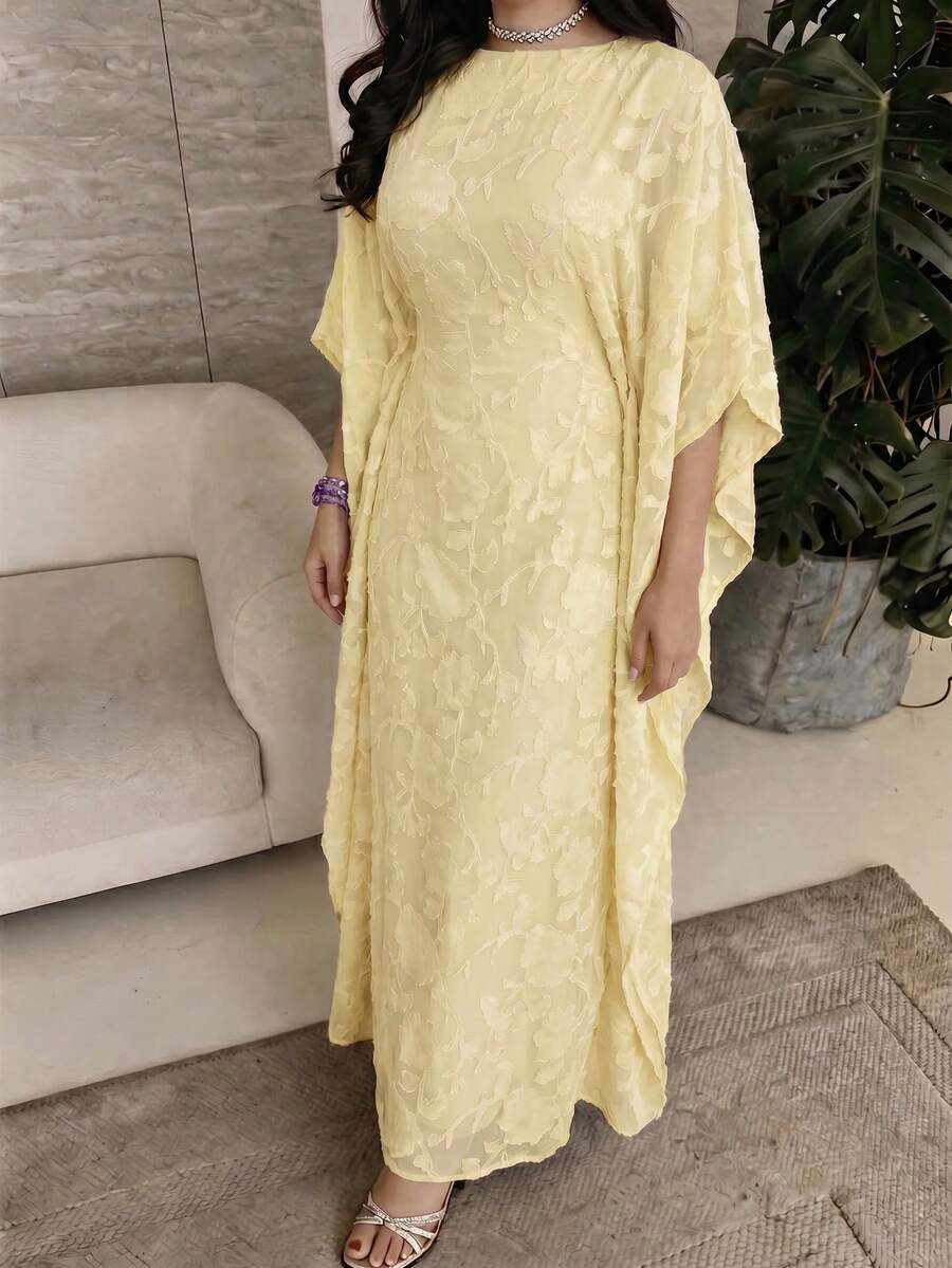 Yasmyna Women's Cut-Out Batwing Sleeve Loose Arabic Traditional Long Tunic - Yellow - View 1
