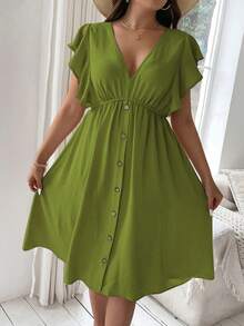 Vionelle Plus Size Women's Solid Color V-Neck Button Ruffle Dress - Green - View 1