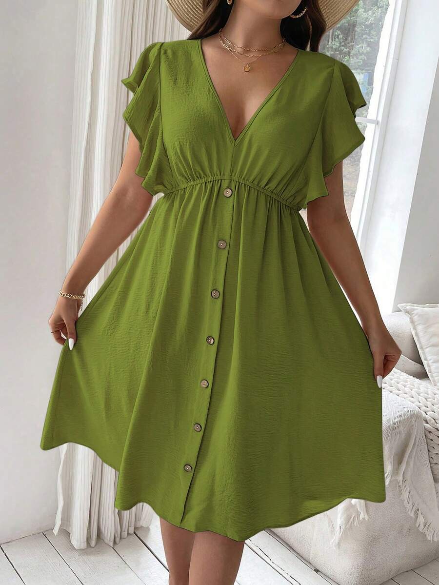 Vionelle Plus Size Women's Solid Color V-Neck Button Ruffle Dress - Green - View 1