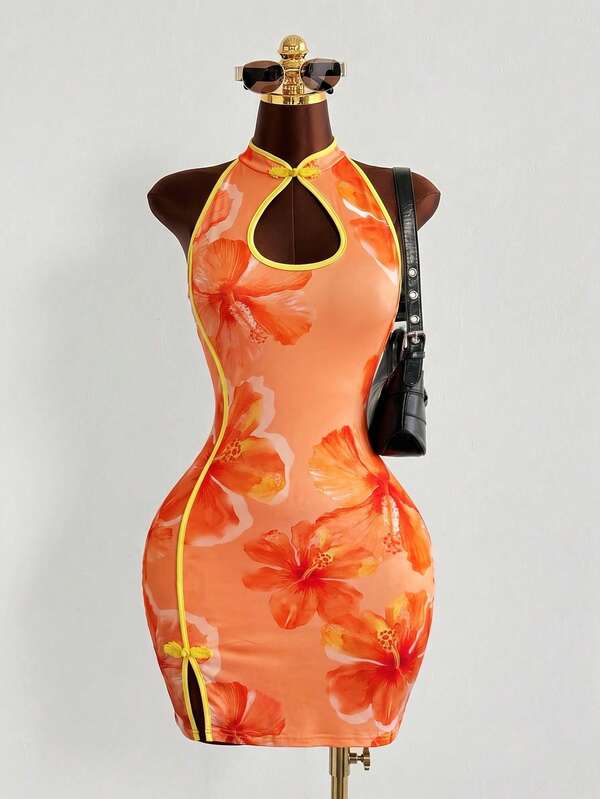 Sunspun Chinese Style Dragon Print Halter Neck Cheongsam Dress Women Summer Hot Girl Style Color Block Bodycon Mini Dress Vintage Sexy Sleeveless Dress