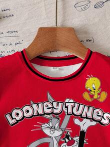 LOONEY TUNES X SHEIN 男童夏季休闲撞色条纹卡通字母图案圆领短袖T恤 - 白色 - 查看 3