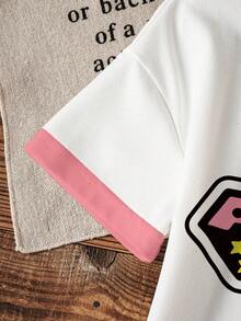 THE POWERPUFF GIRLS X SHEIN 2件套 女童花朵、泡泡、毛茛图案撞色短袖T恤和短裤套装 - 白色 - 查看 4