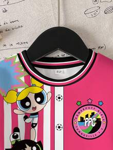 THE POWERPUFF GIRLS X SHEIN 年轻女孩休闲拼色花朵、泡泡、毛茛图案圆领运动衫，秋季 - 白色 - 查看 3