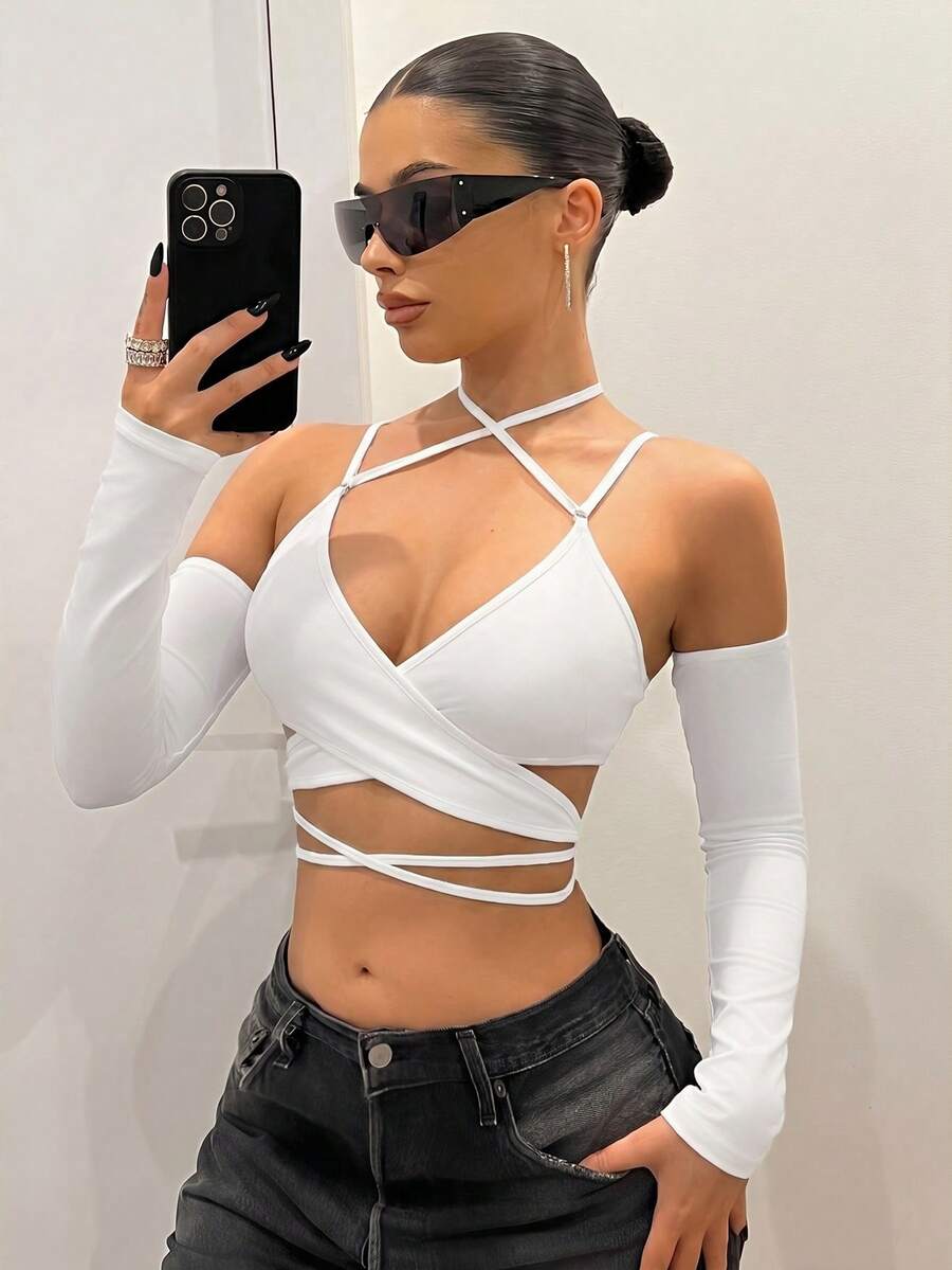 SHEIN ICON 修身裹身式交叉繫帶可拆卸袖女上衣 - 白色 - 查看 1