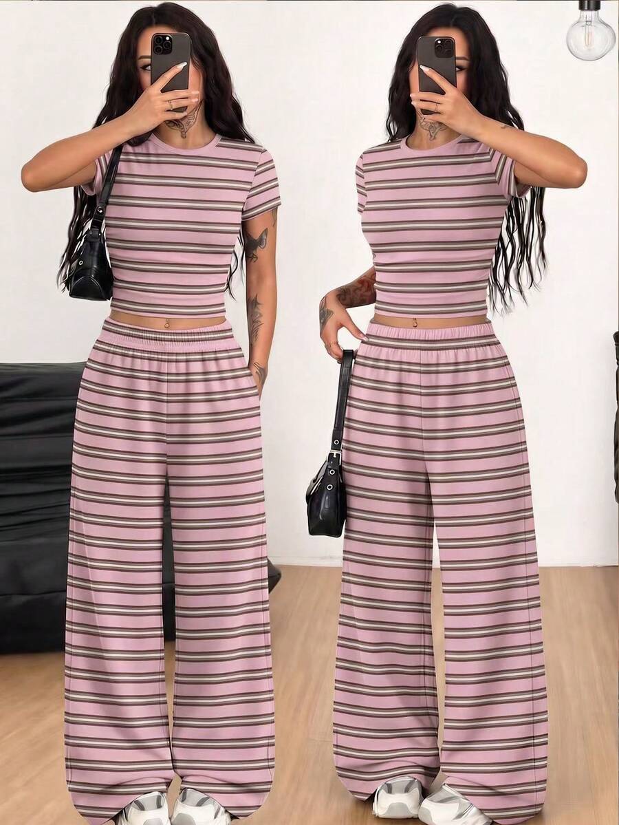 Conjunto de 2 piezas casual con estampado de rayas para vacaciones de verano para adolescentes - Multicolor - Ver 1