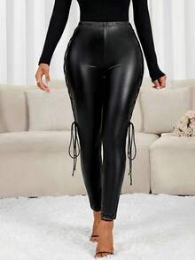 SHEIN Lady Women's Sexy Fashion PU Material Lace-Up Tight Leggings - Black - View 5