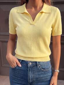 SHEIN PETITE Women's Light Yellow Polo Collar Short Sleeve Top,Petite Fit,Slim Fit Lightweight Knit Blouse,Elegant Summer Casual Everyday Seaside Vacation Outfit - Light Yellow - View 3