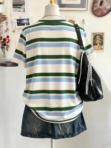 Teen Girl French Vintage Striped Digital Print T-Shirt, Summer New Round Neck Blue Green Color Block Fitted Short Sleeve Top, Versatile For Daily Wear - Multicolor - View 2
