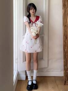 DAZY Women's Petal Sleeve Bow Decor Cherry Print Short Dress Sundress Summer Vacation - White - View 7