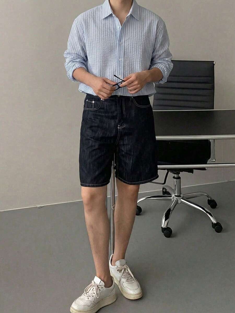 DAZY 男士長袖條紋通勤襯衫 - 藍色 - 查看 1