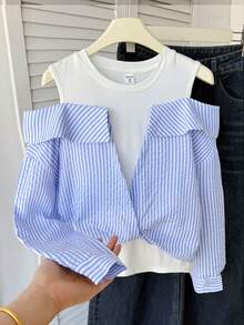 SHEIN Tween Girl Striped Minimalist 2 In 1 Patchwork Casual Long Sleeve Blouse , Fall/Winter - Blue and White - View 9